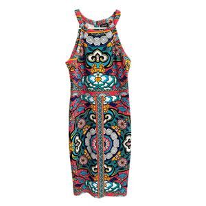 Nicole Miller Enchanted Floral Sheath Dress Bodycon Boho Maximalist High Neck